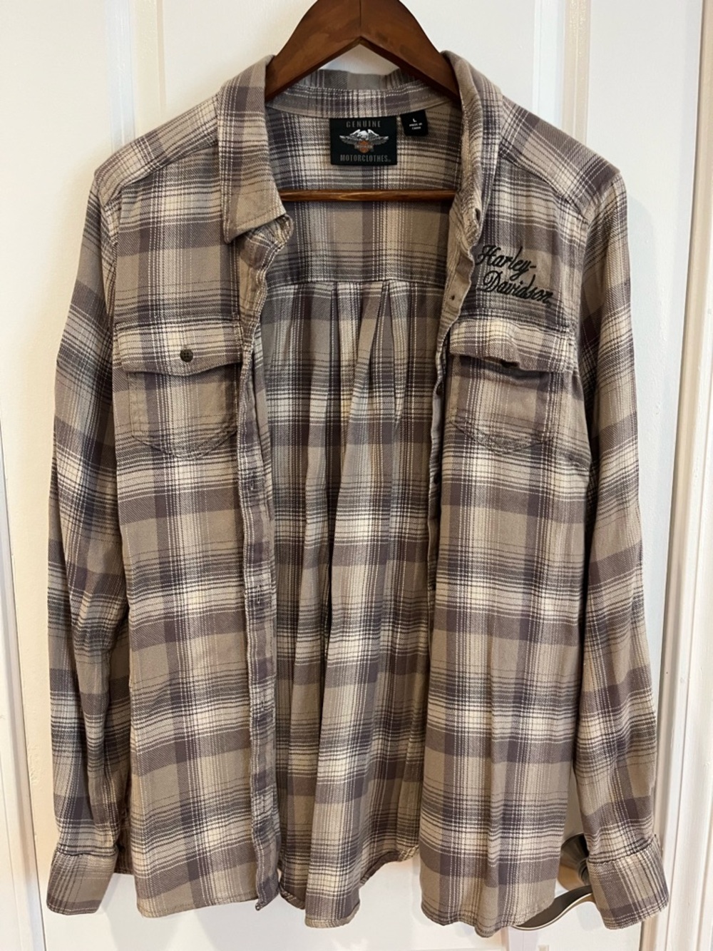 Harley-Davidson Plaid Button-Down Shirt Jacket - Taupe, Grey, Cream